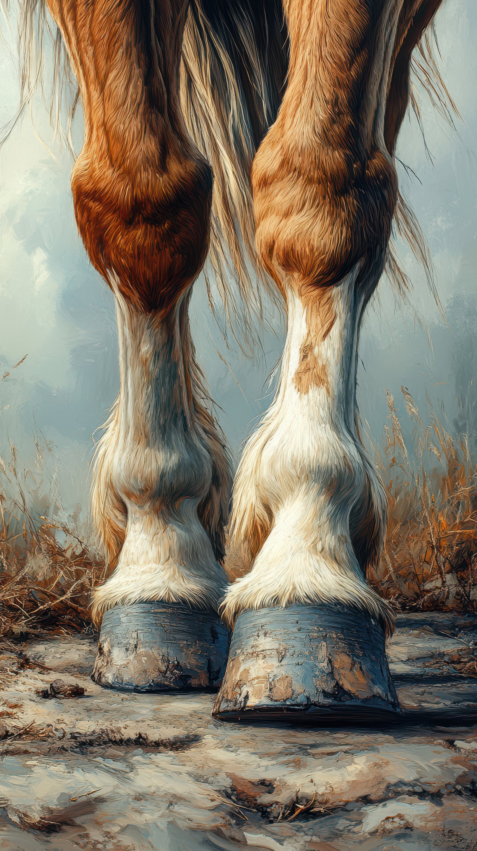Detailed view of a horse's strong legs standing on a rustic farm during a cloudy day